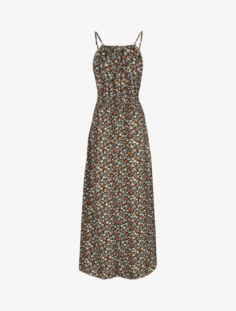 Langes Kleid mit Blumenmuster und bestickter Taille - Schwarz