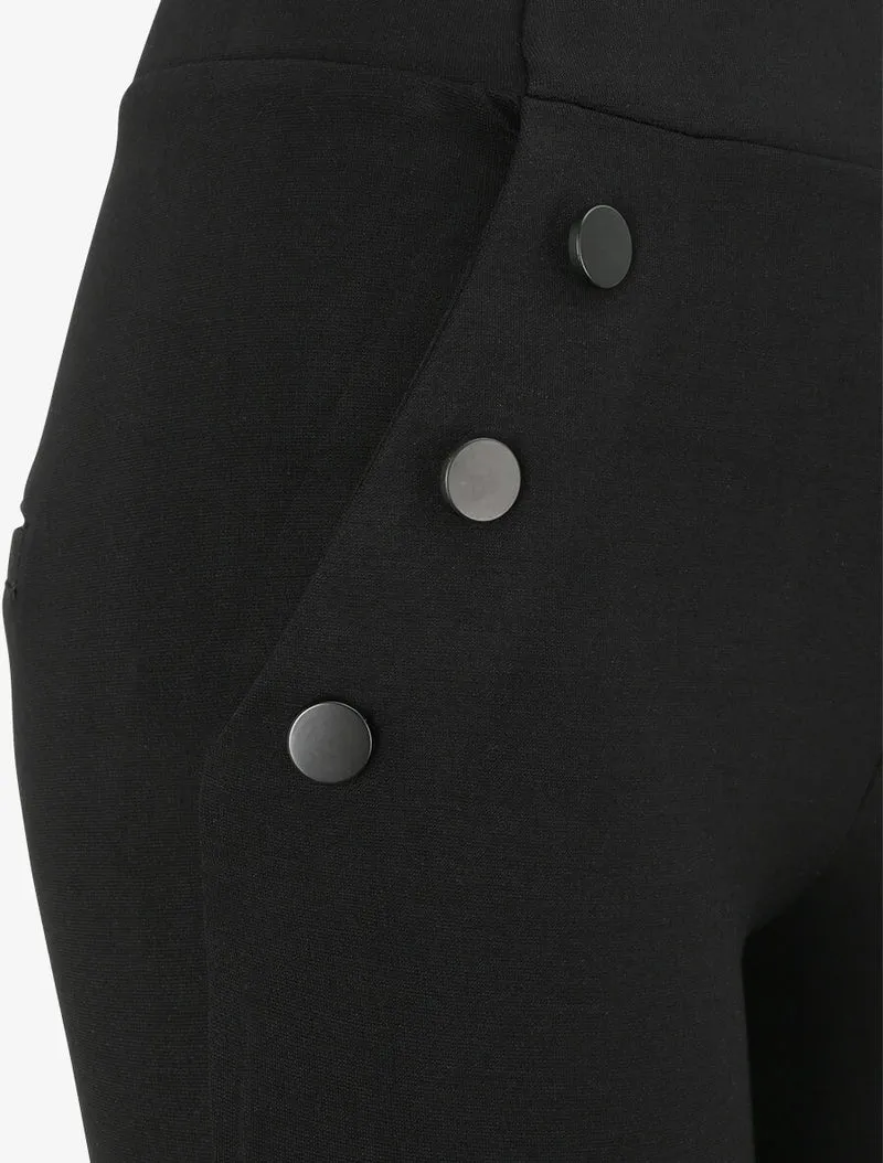 Einfarbige Stretchhose mit stilisierten Knöpfen - Schwarz