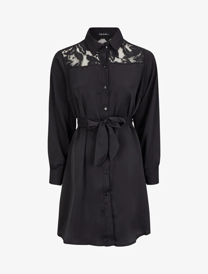 Weites Hemdkleid mit Spitzenärmeln - Schwarz