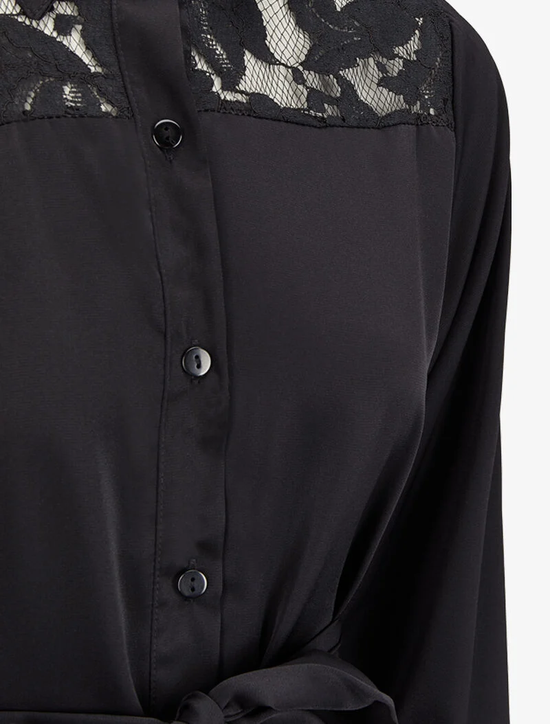 Weites Hemdkleid mit Spitzenärmeln - Schwarz