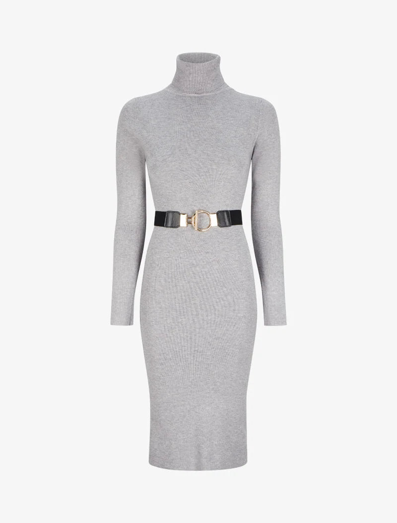 Langes Strickkleid mit Rollkragen - Meliertes Grau
