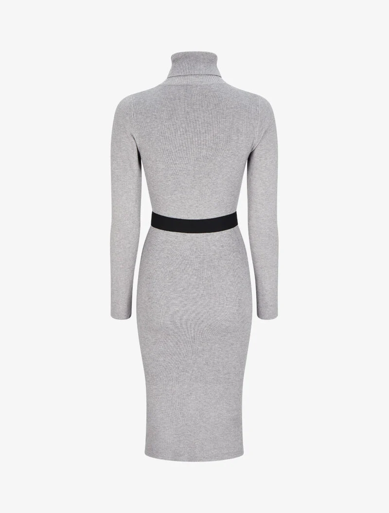 Langes Strickkleid mit Rollkragen - Meliertes Grau