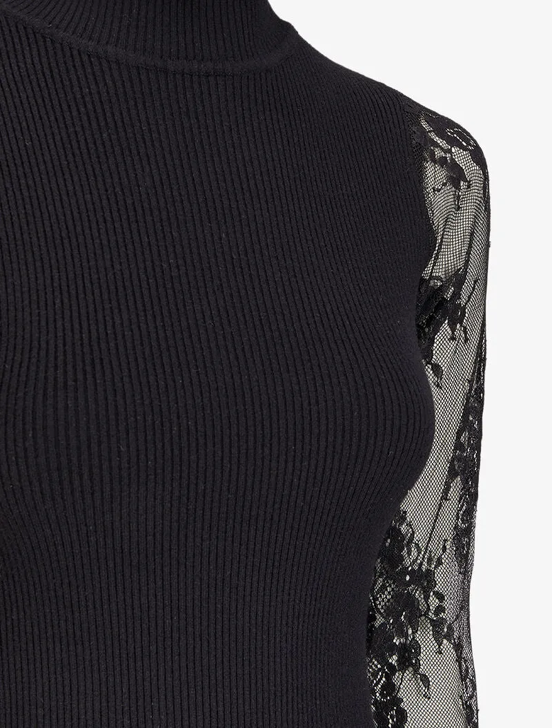 Geripptes Strickkleid mit Rüschenkragen und Spitzenärmeln - Schwarz
