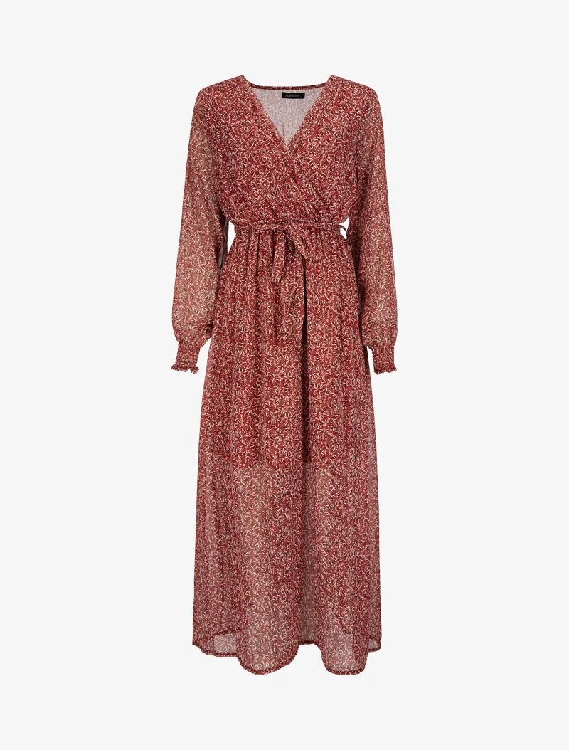 Langes Wickelkleid mit Olivenblattmuster - Rot