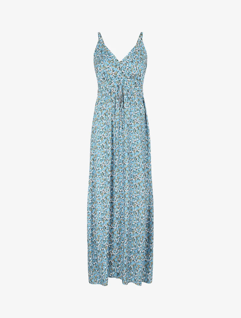 Tailliertes langes Kleid mit Frühlingsblumenmuster. - Türkis