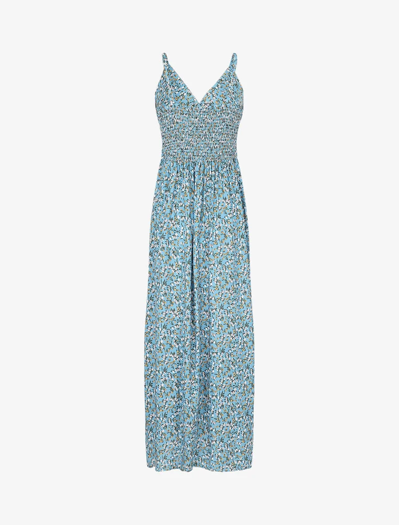 Tailliertes langes Kleid mit Frühlingsblumenmuster. - Türkis