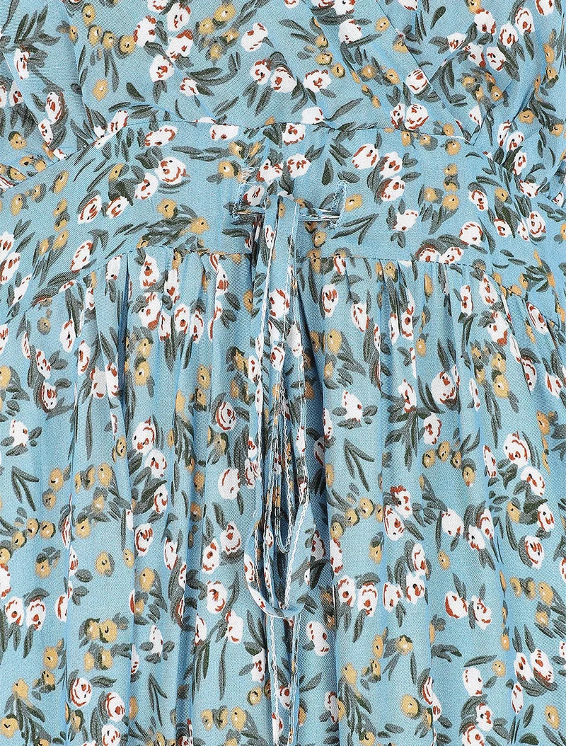 Tailliertes langes Kleid mit Frühlingsblumenmuster. - Türkis