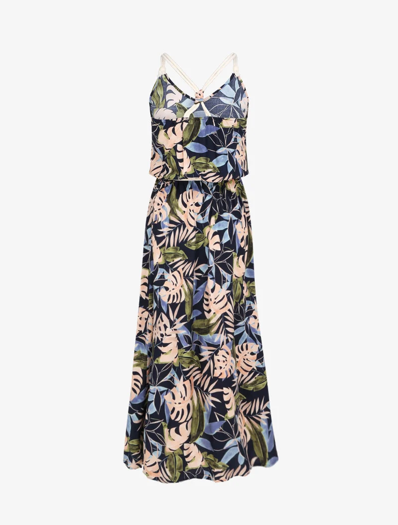 Langes Kleid mit tropischem Blätterdruck und Kordelträgern - Marine