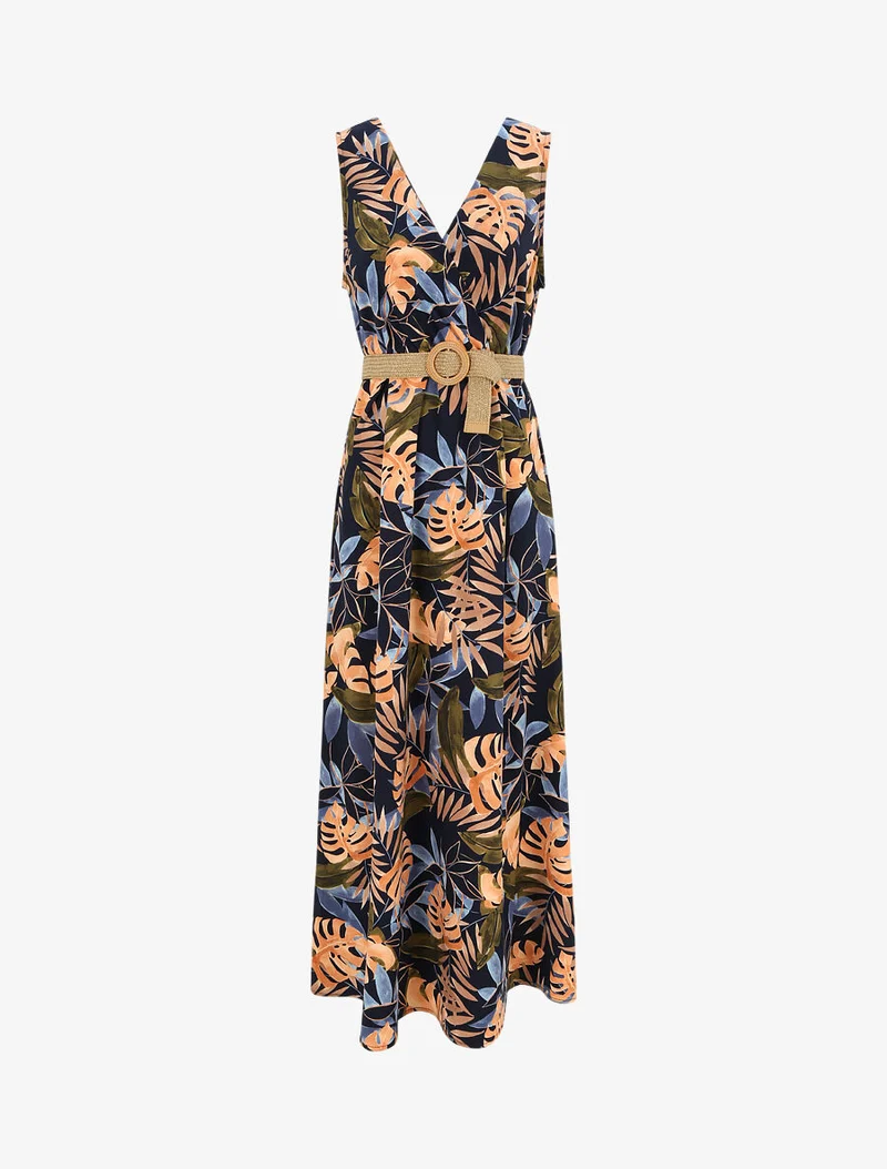 Ärmelloses langes Empire-Kleid mit tropischem Print - Marine