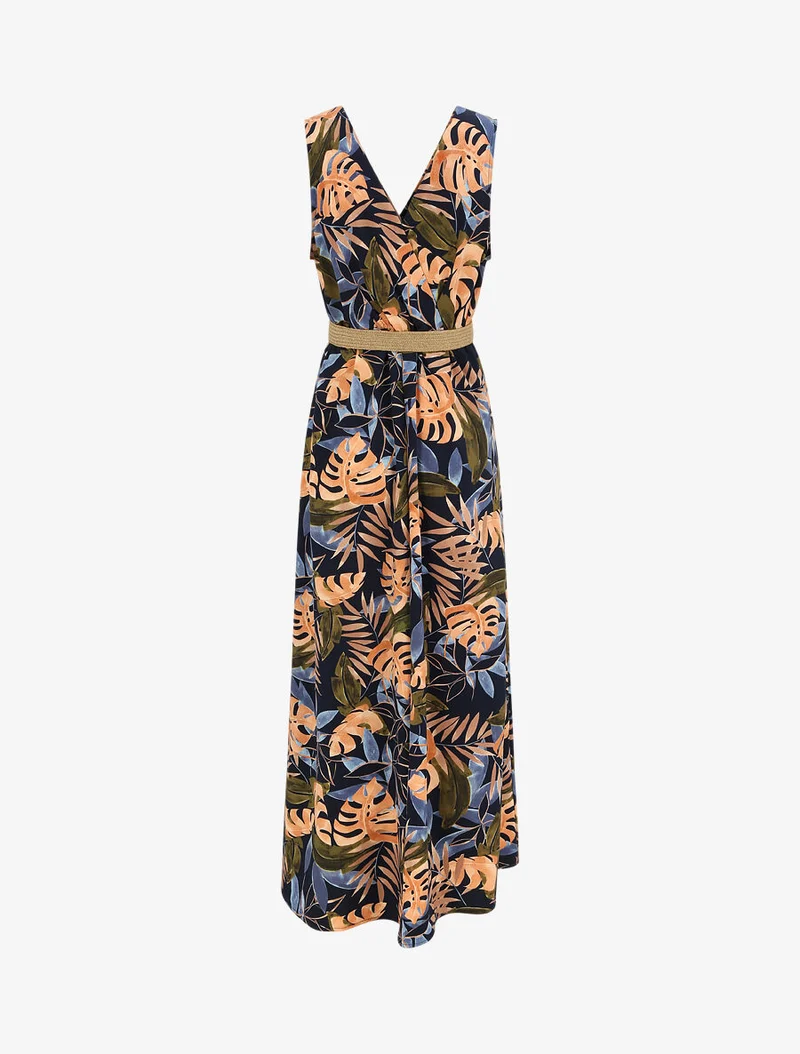 Ärmelloses langes Empire-Kleid mit tropischem Print - Marine
