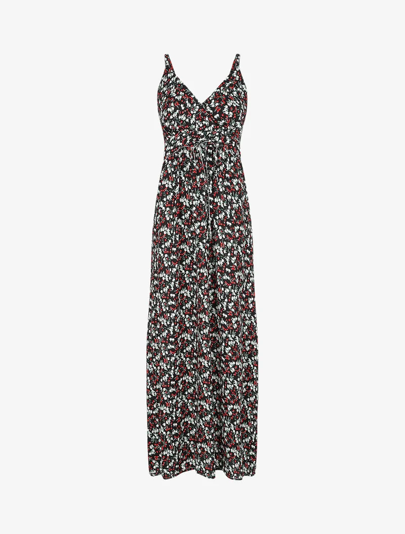 Tailliertes langes Kleid mit Frühlingsblumenmuster. - Schwarz
