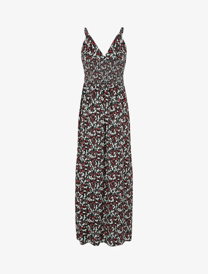Tailliertes langes Kleid mit Frühlingsblumenmuster. - Schwarz