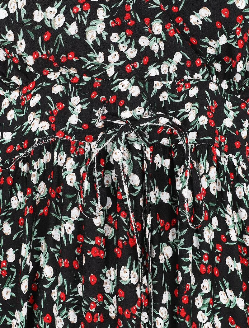 Tailliertes langes Kleid mit Frühlingsblumenmuster. - Schwarz