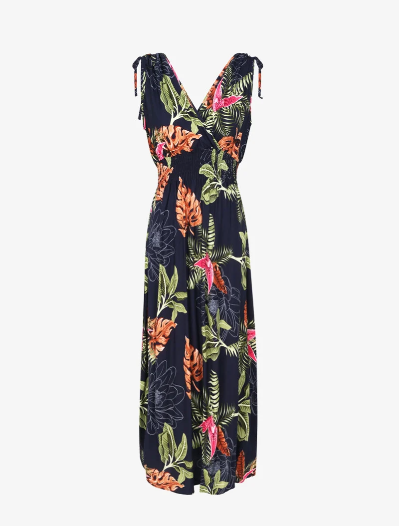 Langes tailliertes Kleid mit großem tropischem Blumenmuster - Marine