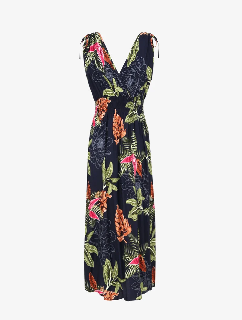 Langes tailliertes Kleid mit großem tropischem Blumenmuster - Marine