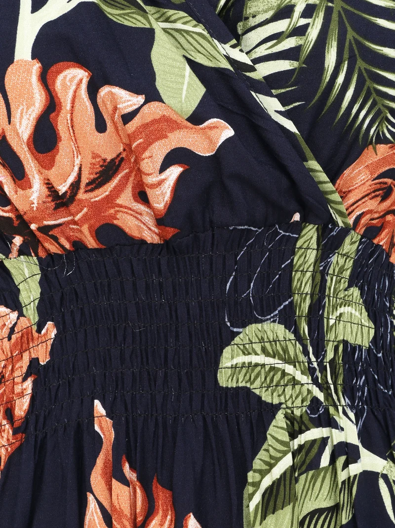 Langes tailliertes Kleid mit großem tropischem Blumenmuster - Marine