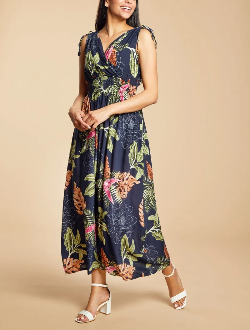 Langes tailliertes Kleid mit großem tropischem Blumenmuster - Marine
