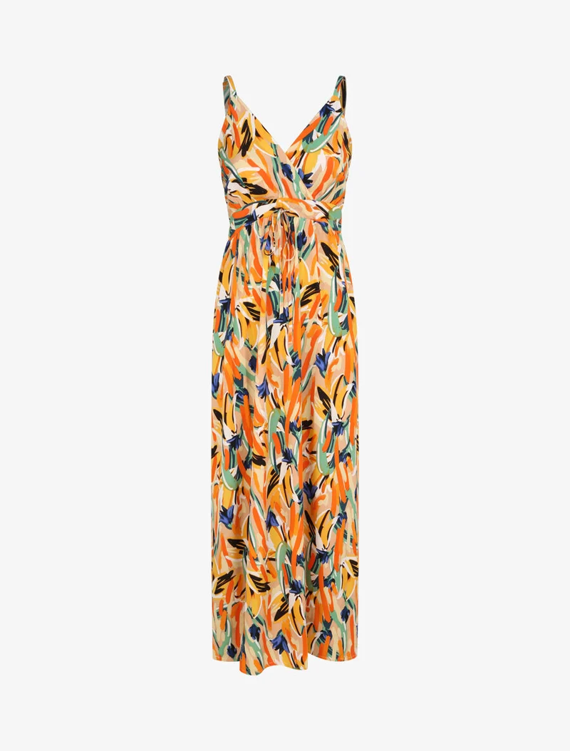 Langes, tailliertes Kleid mit großen Blumen bedruckt - Beige