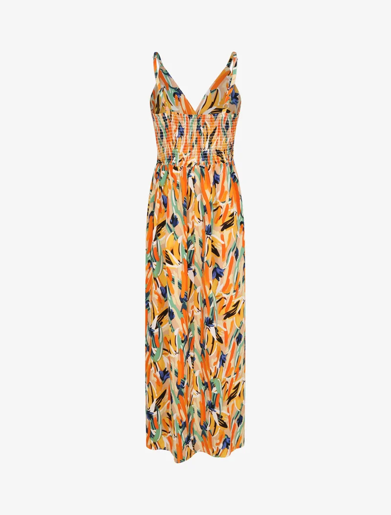 Langes, tailliertes Kleid mit großen Blumen bedruckt - Beige