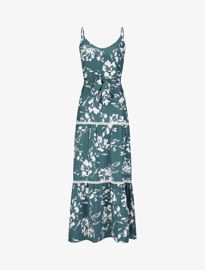 Langes Skaterkleid mit kontrastierendem Blumenmuster - Grün