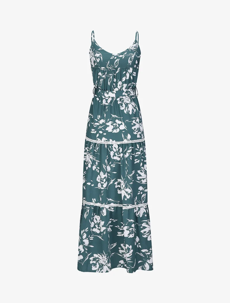 Langes Skaterkleid mit kontrastierendem Blumenmuster - Grün