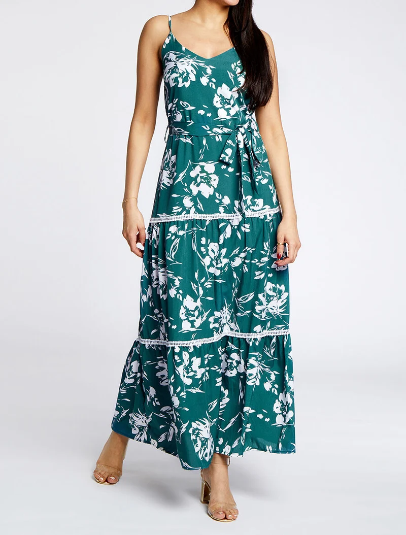 Langes Skaterkleid mit kontrastierendem Blumenmuster - Grün