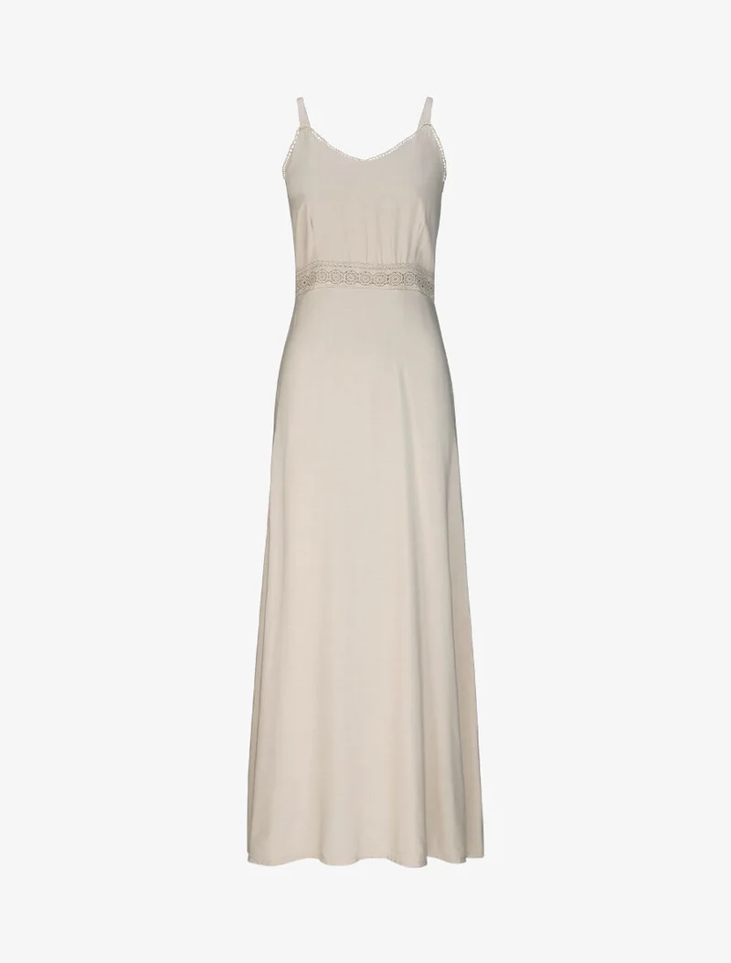 Einfarbiges, ausgestelltes langes Kleid mit Taillenpartie aus Häkelarbeit. - Beige