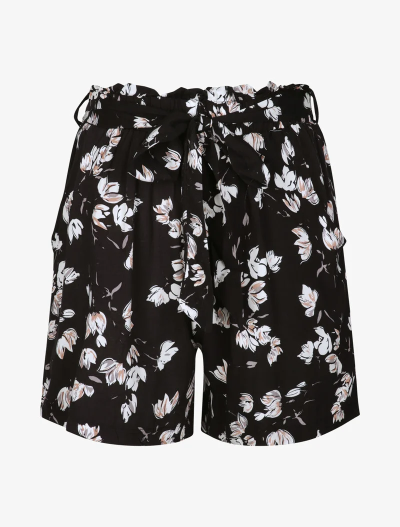 Kurzes fließendes Kleid mit Tulpenmuster - Schwarz