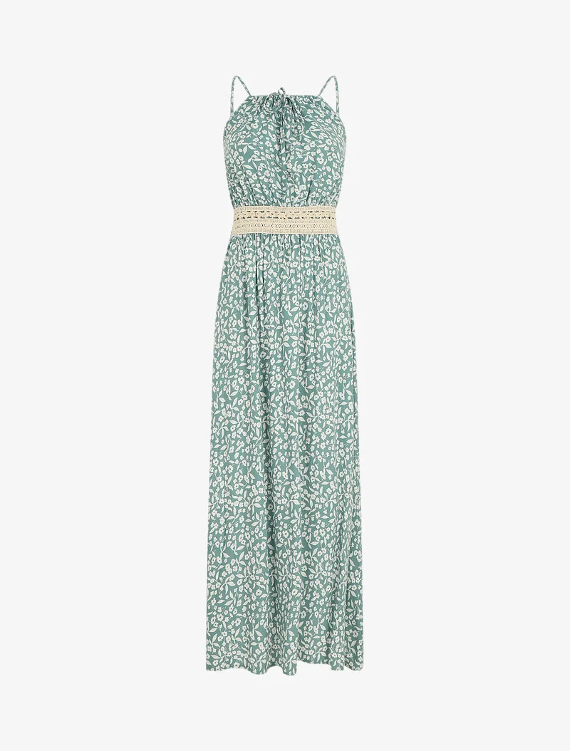 Langes Kleid mit amerikanischem Kragen und Spitze - Grün