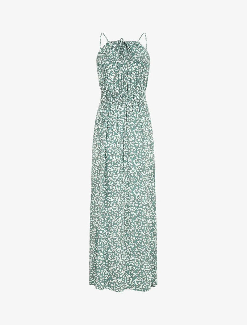 Langes Kleid mit amerikanischem Kragen und Spitze - Grün