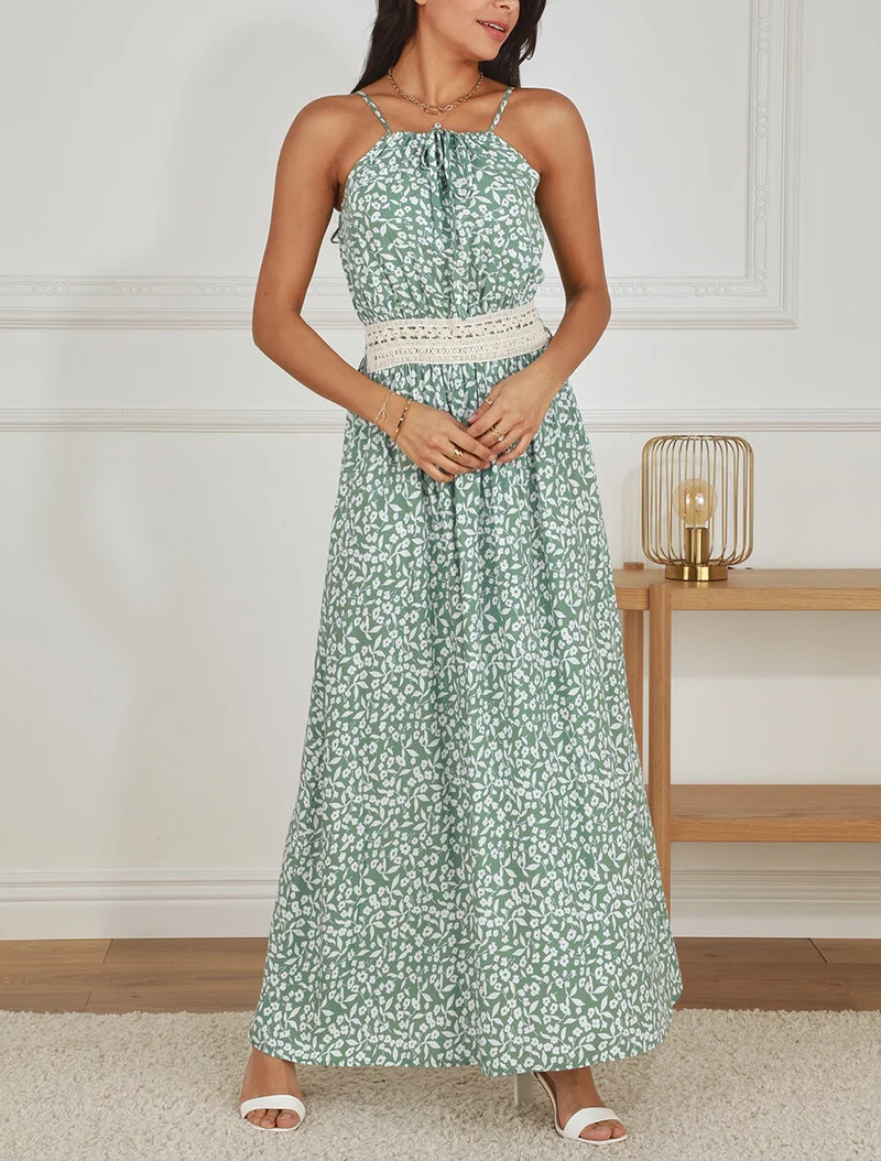 Langes Kleid mit amerikanischem Kragen und Spitze - Grün