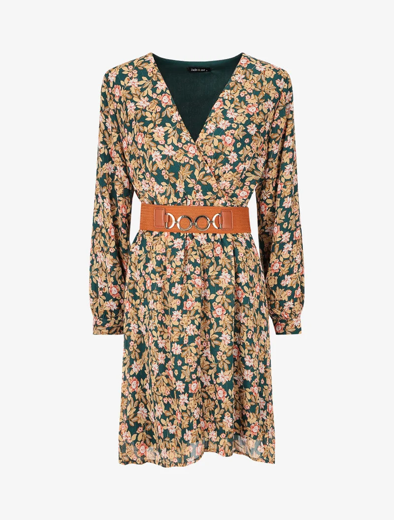 Midikleid mit Blumenmuster und schimmernden Details - Grün