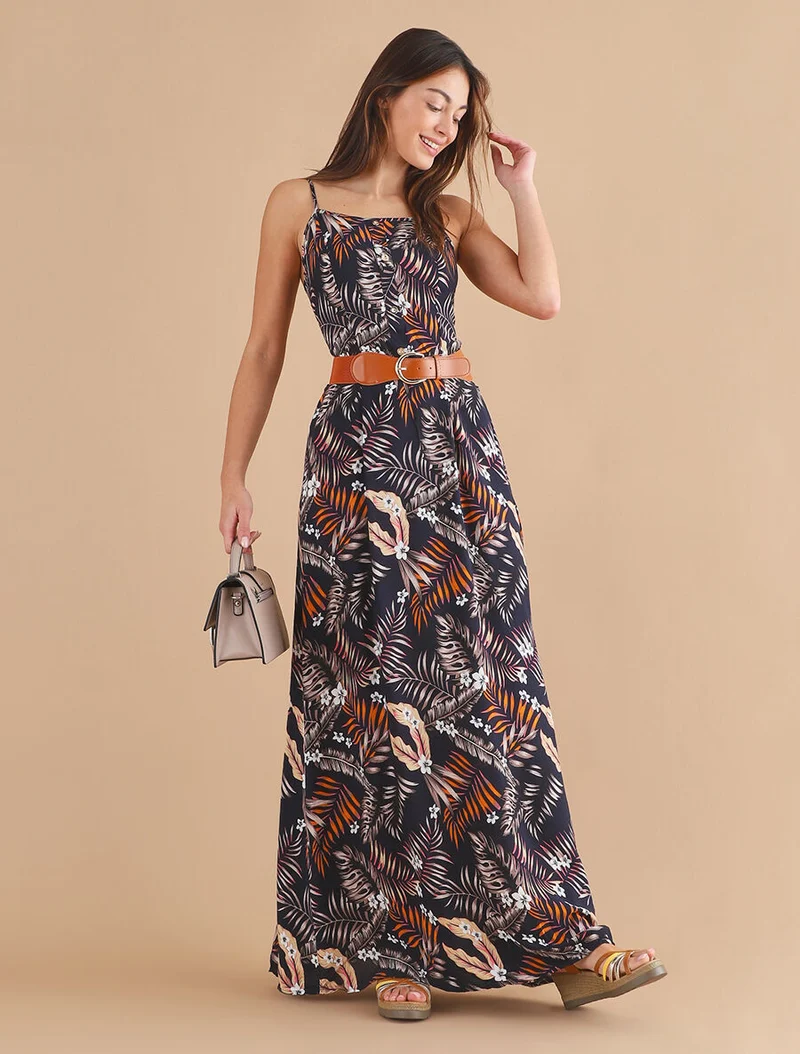 Langes, gerades Kleid mit Blattmuster - Mitternachtsblau