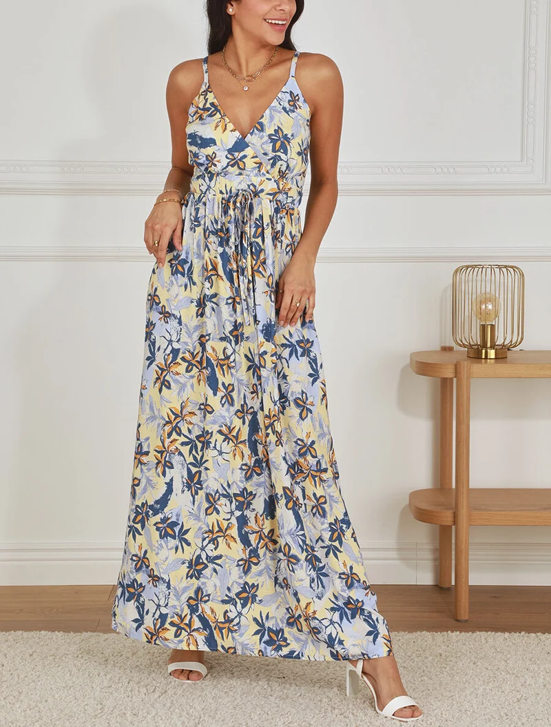 Empire-Langkleid mit Blumenmuster - Blau