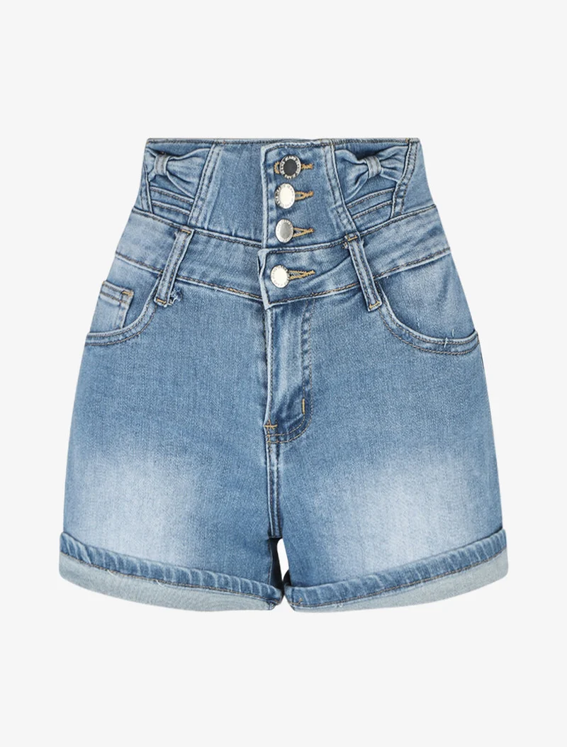 Jeansshorts mit umgeschlagenen Säumen und hoher Taille mit Knoten. - Blau