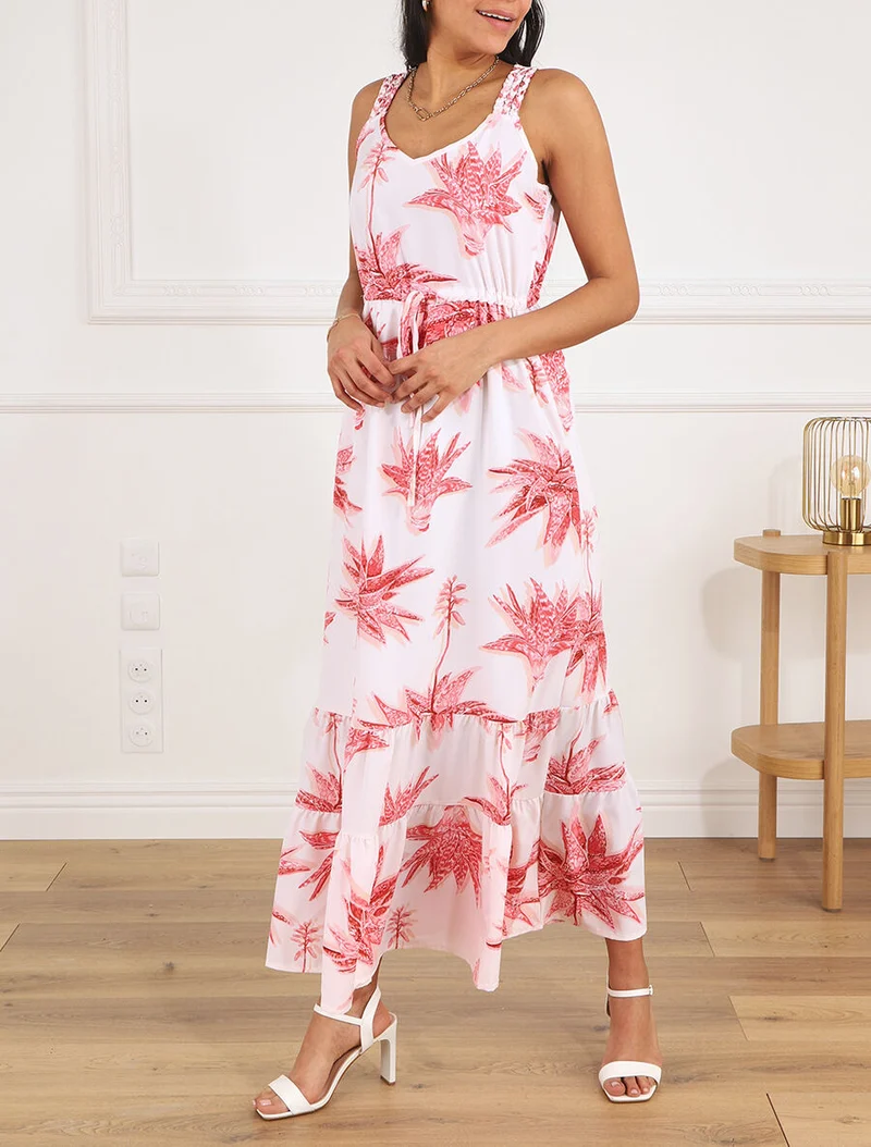 Langes gerades Kleid mit Blumenmuster - Weiß