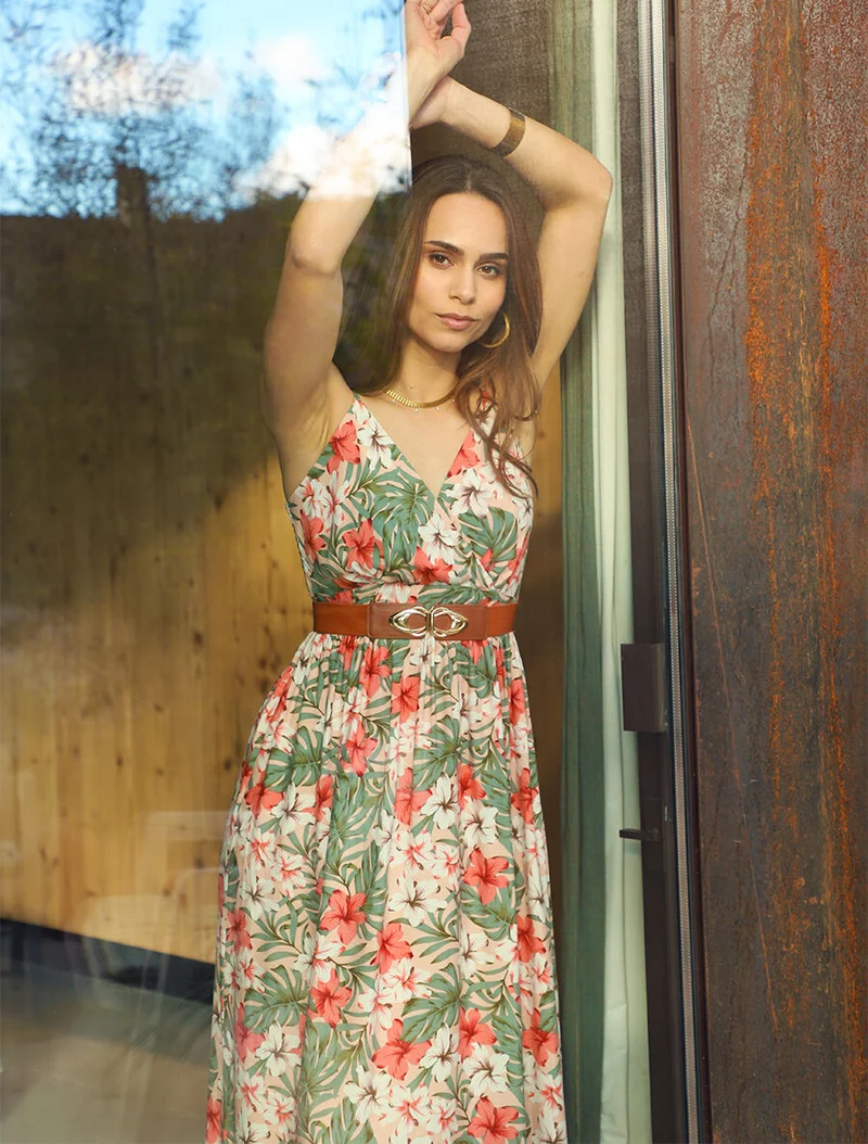 Langes Empire-Kleid mit Blumenmuster - Rose