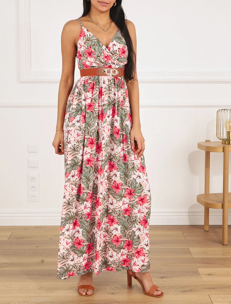 Langes Empire-Kleid mit Blumenmuster - Rose