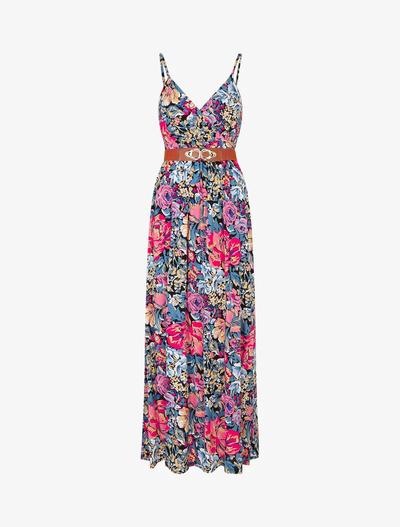 Empire langes Kleid mit Blumenmuster - Schwarz