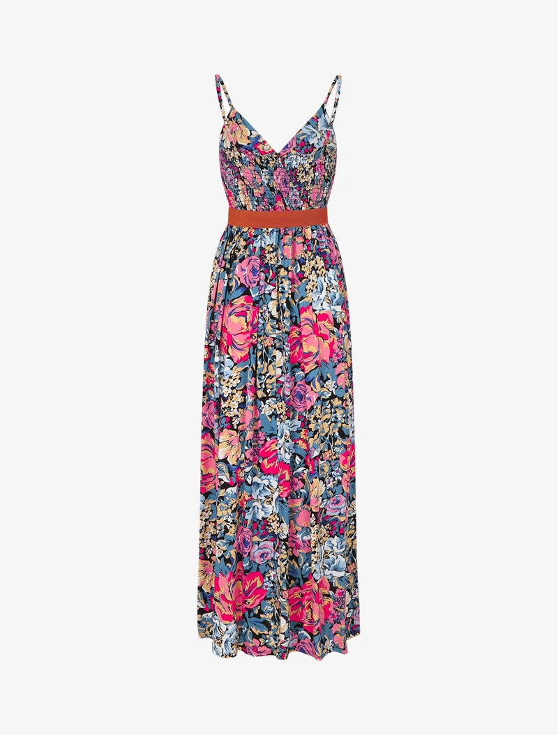 Empire langes Kleid mit Blumenmuster - Schwarz