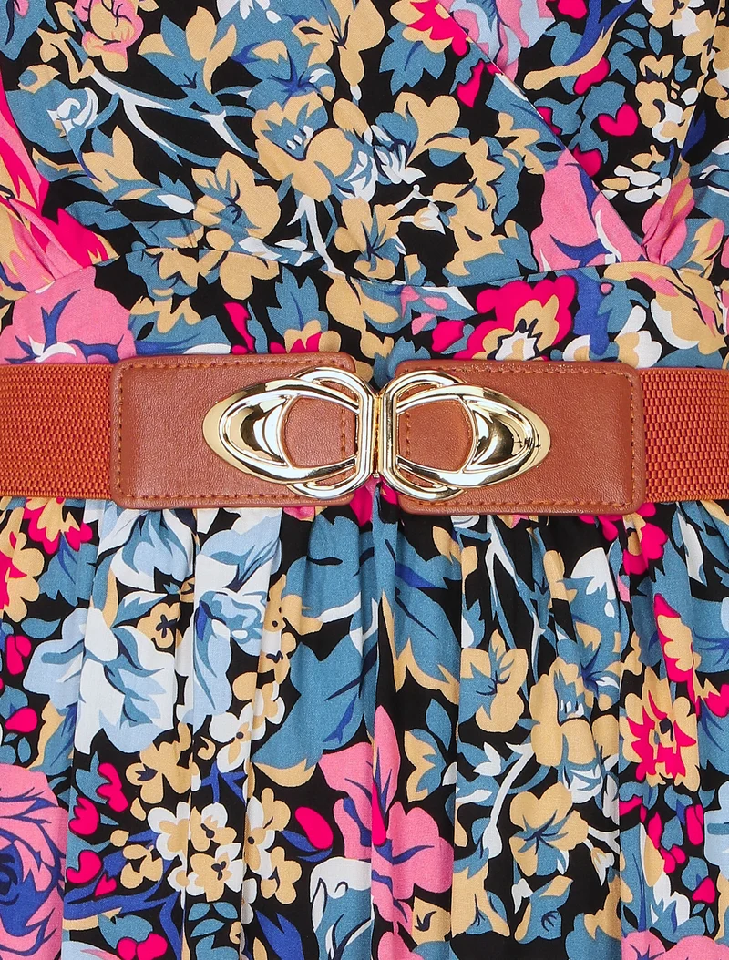 Empire langes Kleid mit Blumenmuster - Schwarz