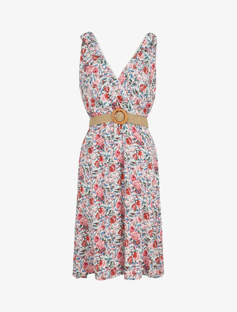 Ärmelloses, knielanges Kleid mit Wildblumenmuster - Weiß