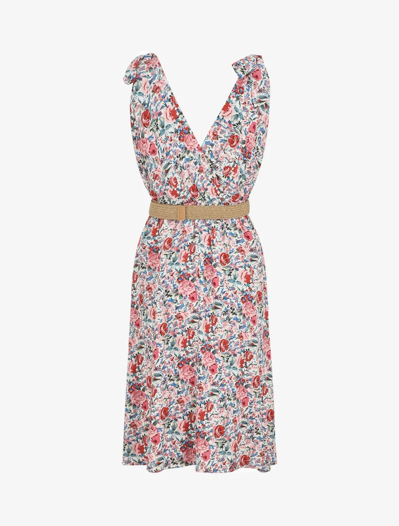 Ärmelloses, knielanges Kleid mit Wildblumenmuster - Weiß