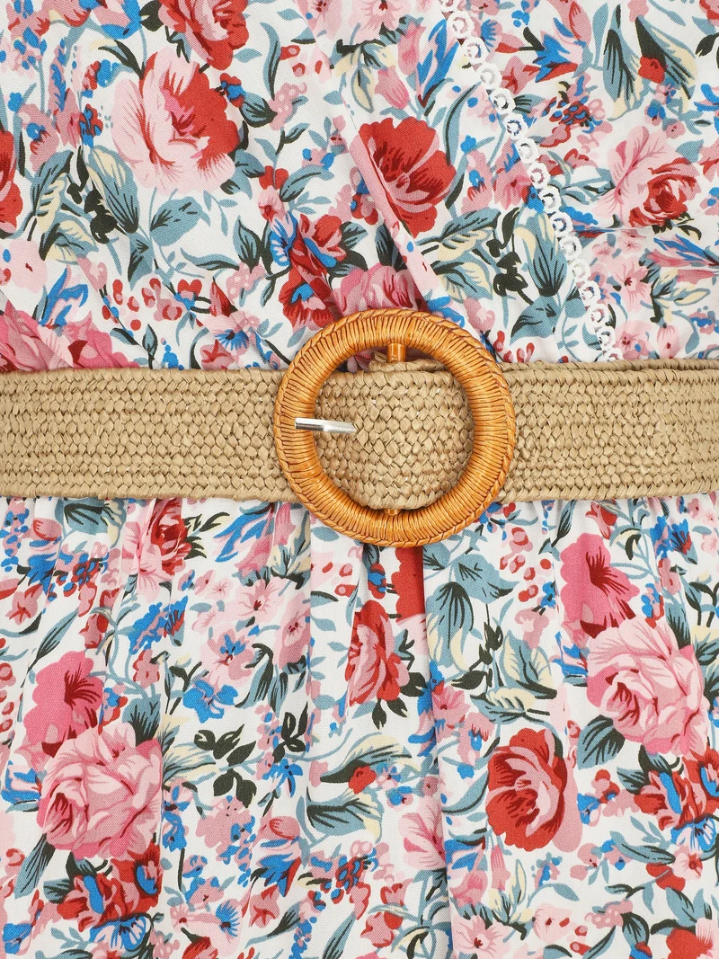 Ärmelloses, knielanges Kleid mit Wildblumenmuster - Weiß