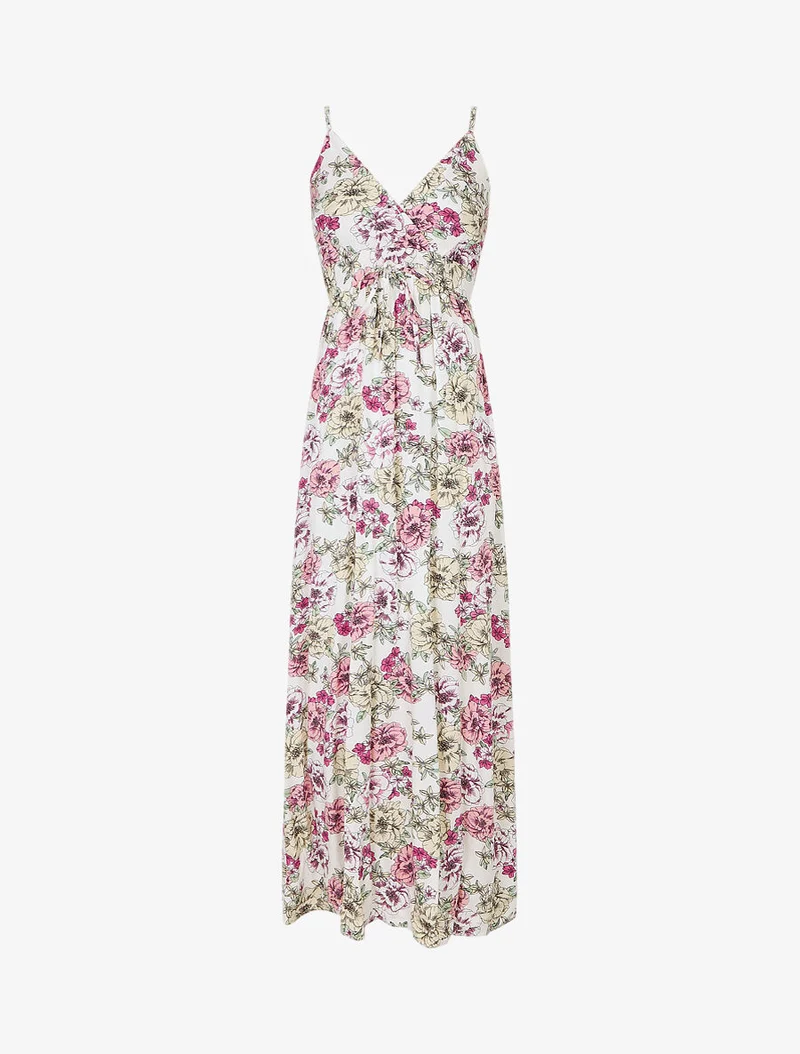Langes Kleid mit Mehrblumendruck - Weiß