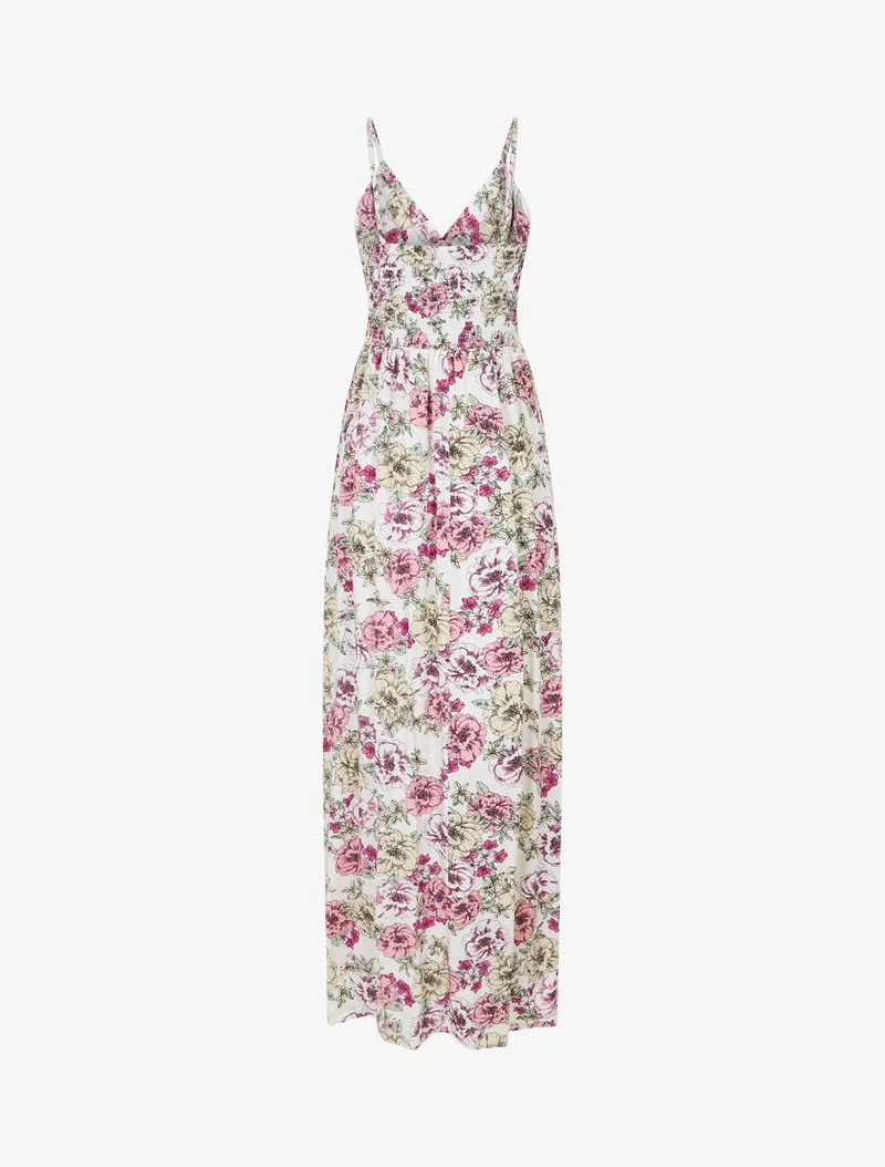 Langes Kleid mit Mehrblumendruck - Weiß