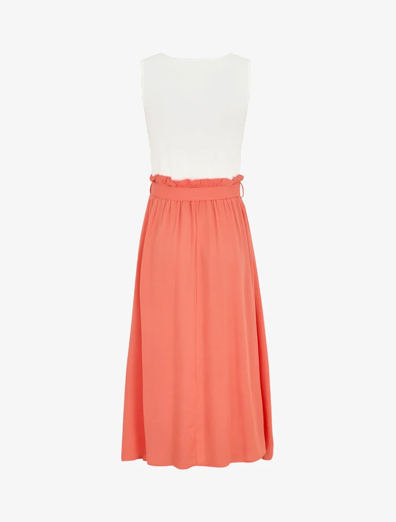 Ärmelloses, zweifarbiges, ausgestelltes langes Kleid - Lachs