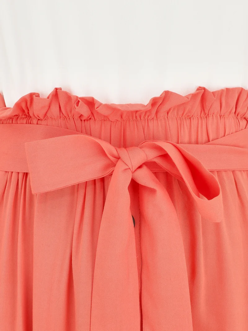 Ärmelloses, zweifarbiges, ausgestelltes langes Kleid - Lachs