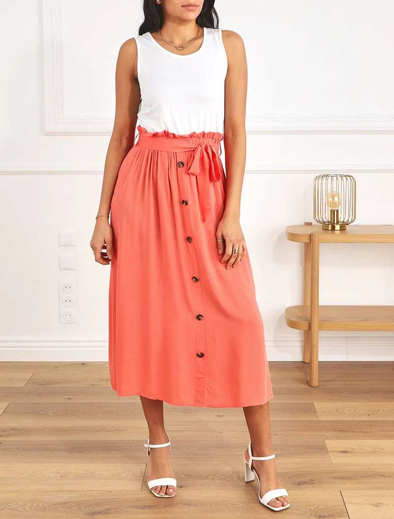 Ärmelloses, zweifarbiges, ausgestelltes langes Kleid - Lachs
