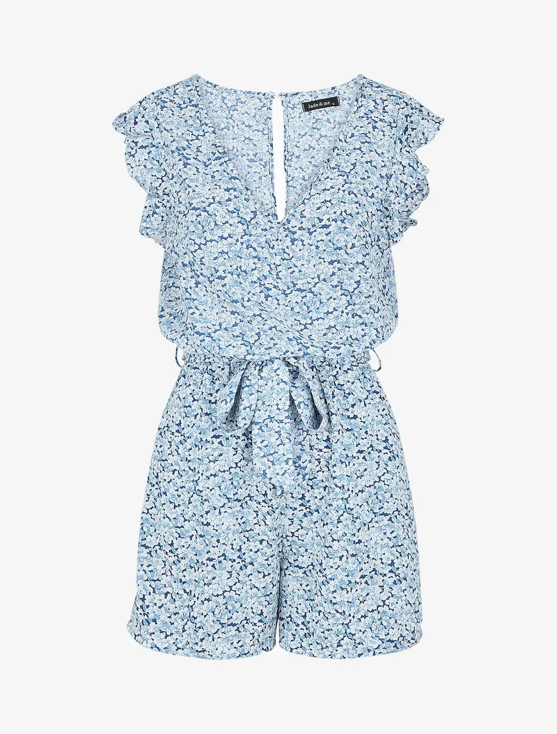 Fließender, geblümter Jumpsuit mit Flügelärmeln. - Blau